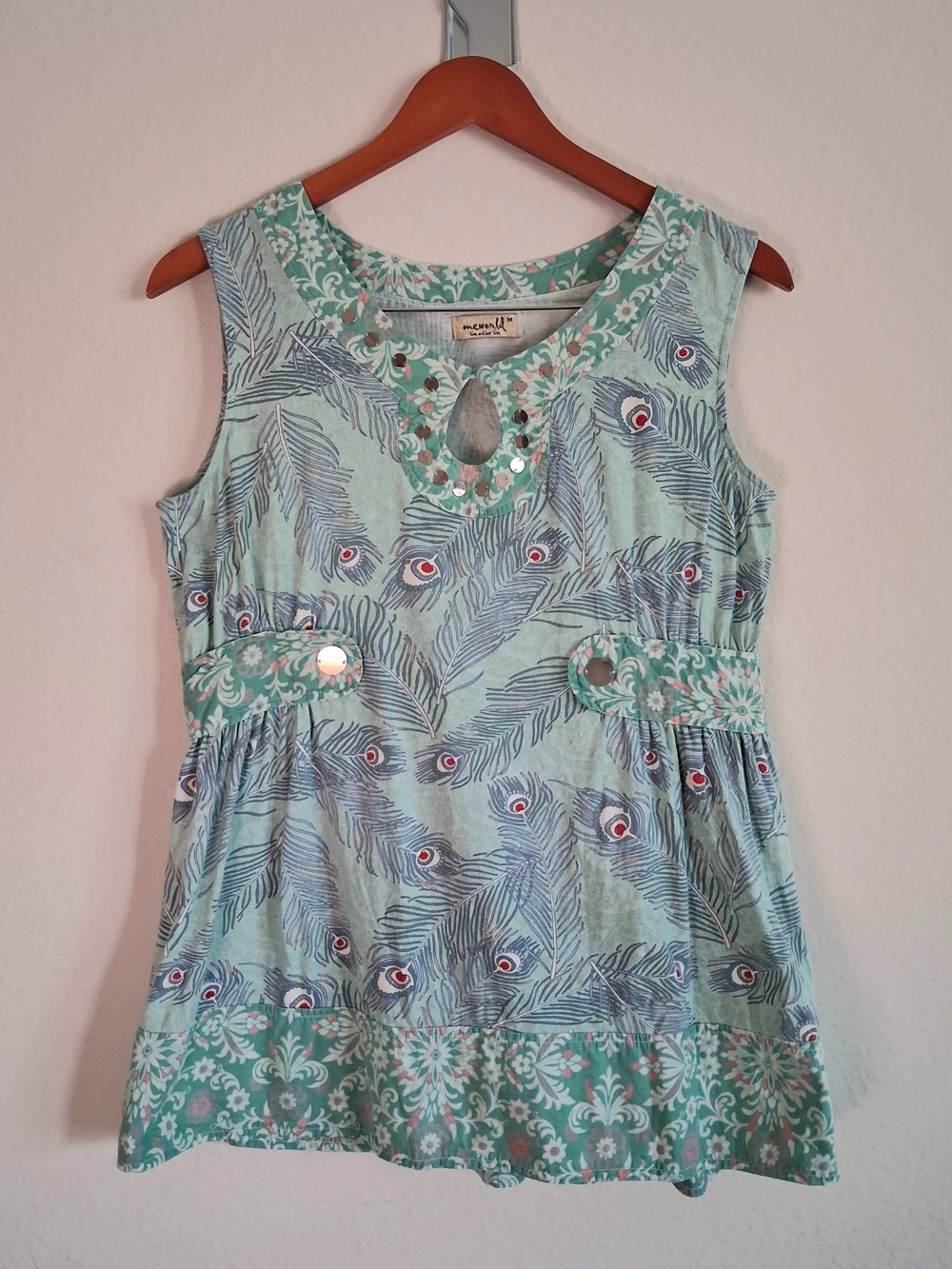 Oneworld Aqua Sleeveless Top with Peacock Print